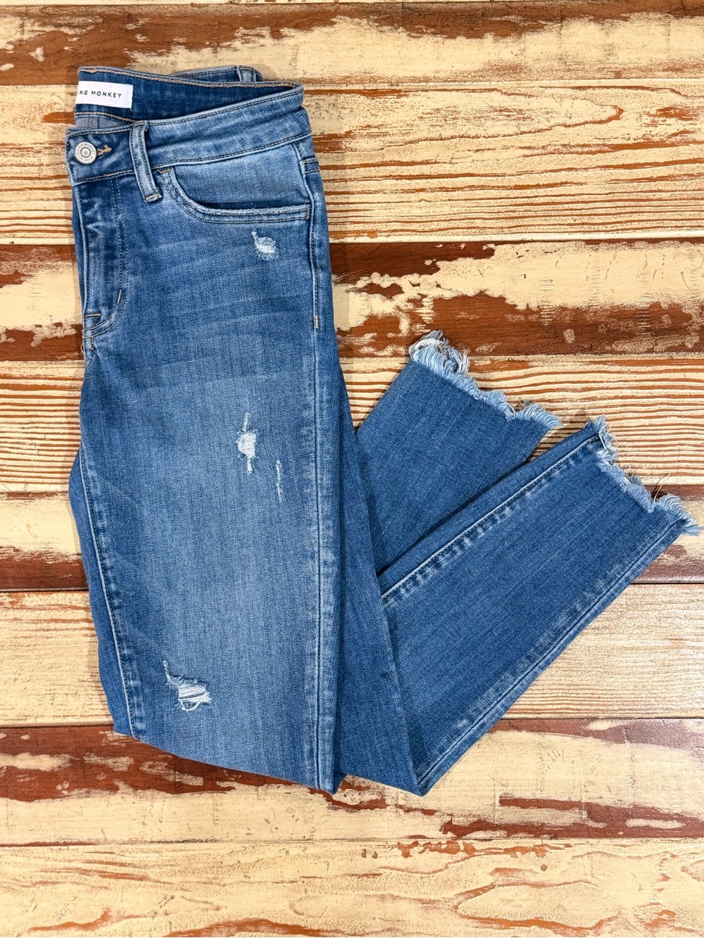 Flying Monkey Frayed Hem Distressed Blue Ankle Jeans